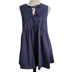 Navy Blue Pintuck Mini Dress S 100% Cotton Poplin Pockets Trapeze Swing Coastal